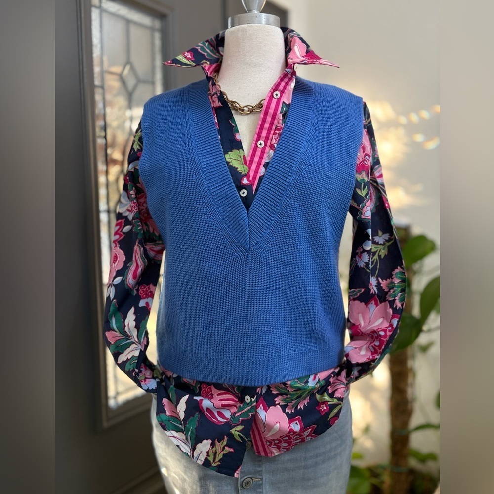 Talbots Blue Cropped Shaker Stitch Sweater Vest | Size L
